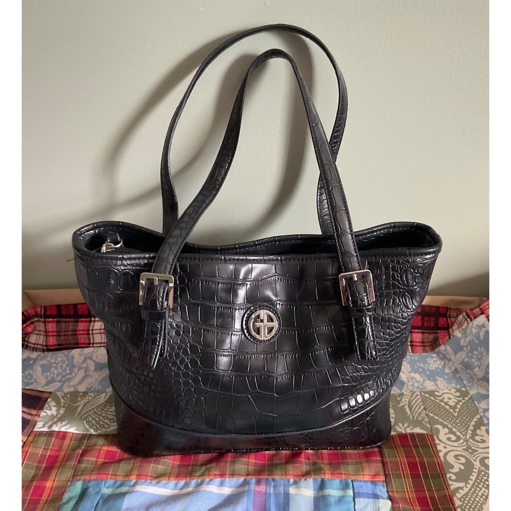 Giani Bernini Black Croc Embossed Leather Purse/Handbag Silver-tone - Picture 9 of 10